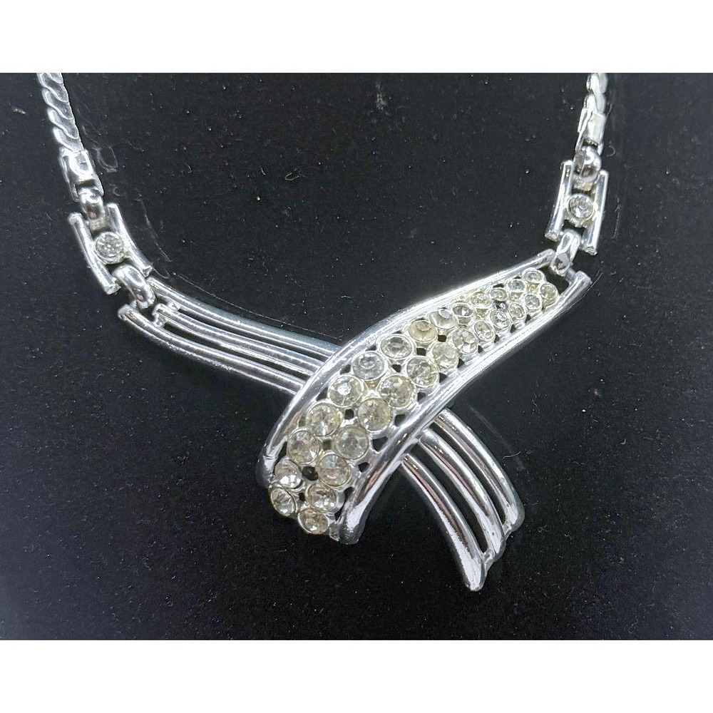 Vintage Coro Silver Tone Rhinestone Statement Necklace 15" Signed